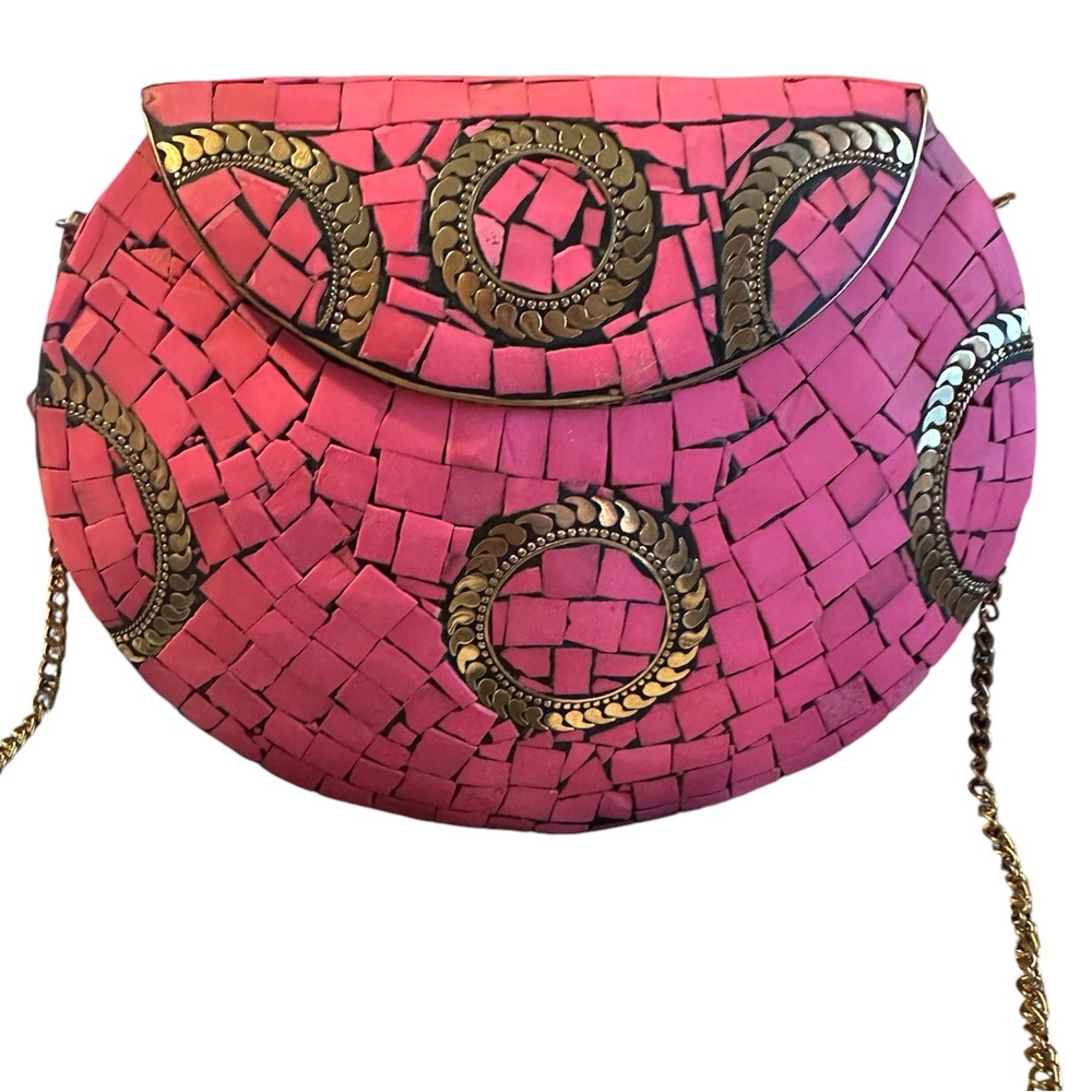 Ramla Bag Pink Black and Gold Design New with Gold Chain